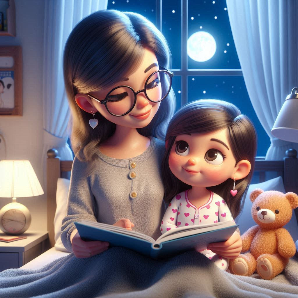 3D cartoonish image of a young mixed race family Mother and daughter reading a bedtime story-book 1