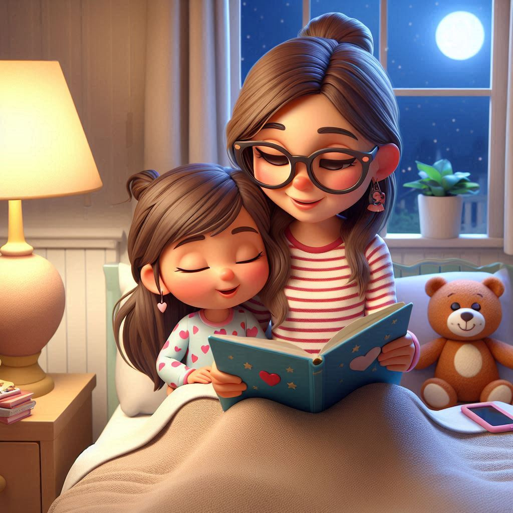 3D cartoonish image of a young mixed race family Mother and daughter reading a bedtime story-book 2