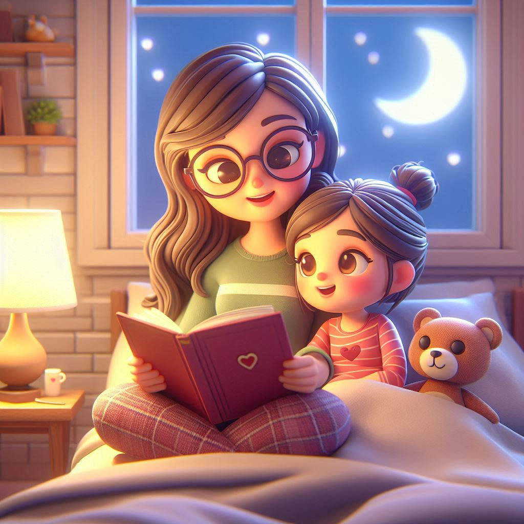 3D cartoonish image of a young mixed race family Mother and daughter reading a bedtime story-book 3