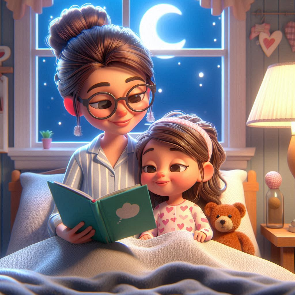 3D cartoonish image of a young mixed race family Mother and daughter reading a bedtime story-book 4