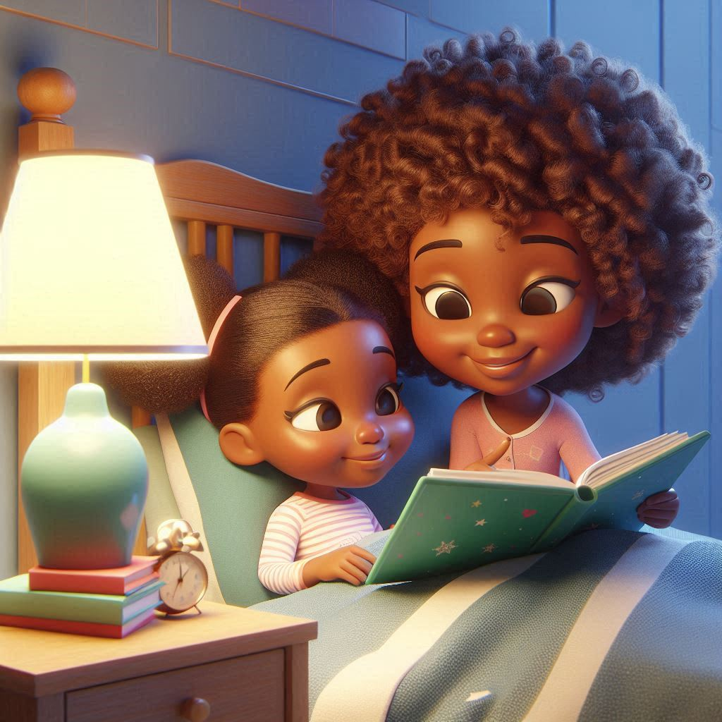 3D cartoonish image of a young mixed race family Mother and daughter reading a bedtime story-book 5