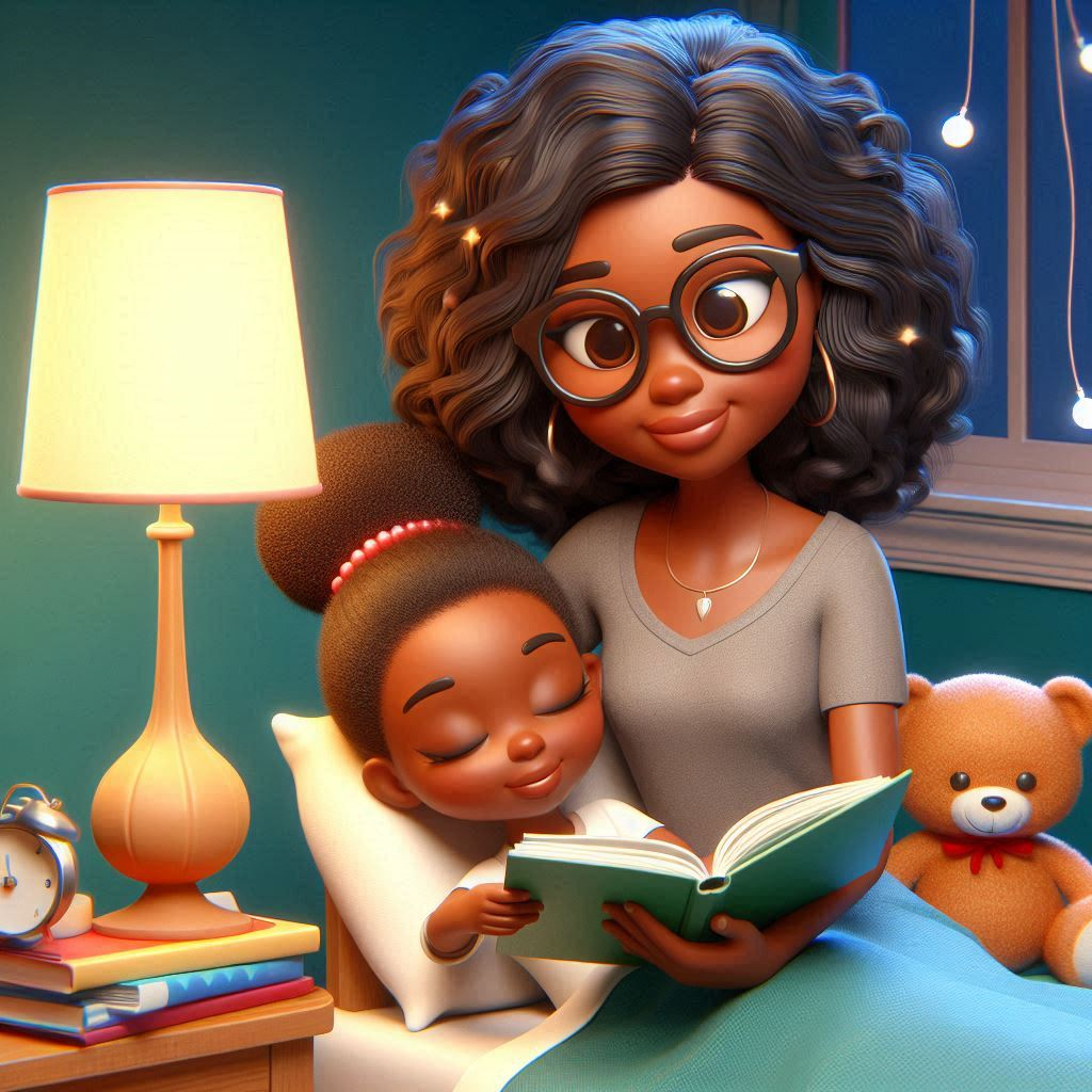 Ai 3D cartoonish image of a young mixed race family Mother and daughter reading a bedtime story-book 6